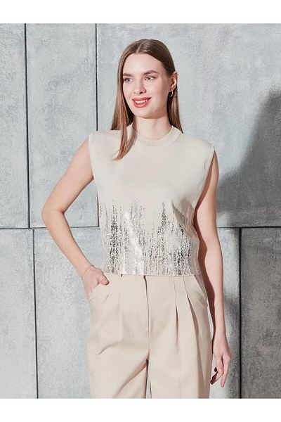 Coral Sleeveless Knitwear with Gauze Stone