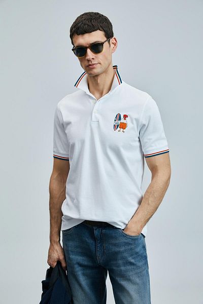 Lufian Tricou alb cu gât polo pentru bărbați Sansa (111040218)