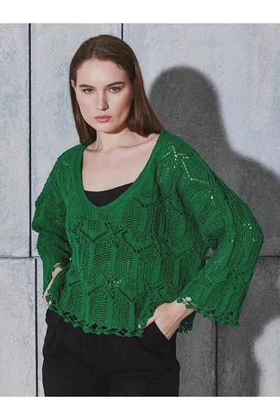 Coral V-Neck Lace Knitwear Blouse Green