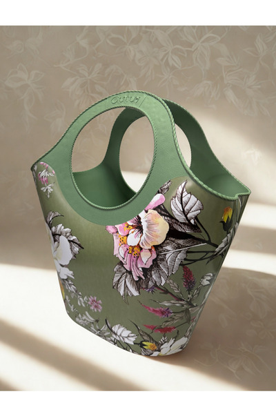 QUTU Floral Green çiçek desenli plastik plaj ve el çantası