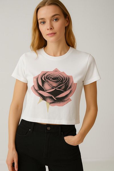 HAKKE Rose Printed Lycra Single Jersey Crop T-Shirt