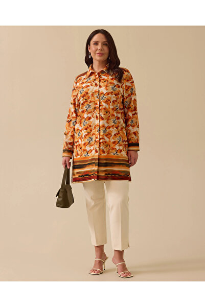 Gala-Xi Büyük Beden Çiçek Desenli Düğmeli Tunik