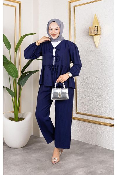 HARMAN BUTİK Women's Tie-Up Strawberry Fabric Navy Blue Double Suit