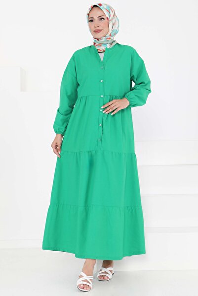 TOFİSA Büzgülü Pat Detaylı Elbise Yesil - 27293
