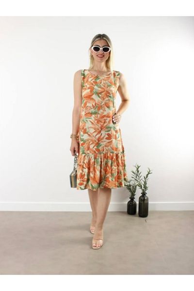 MODA Leaf Pattern Hazan Color Emprime Sweat Sub Ruffle Dress