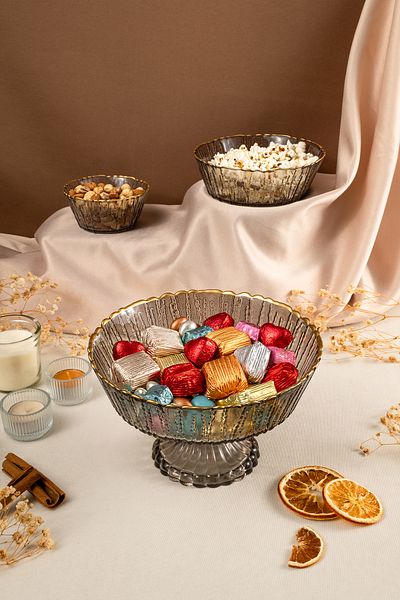 Fecra Rita 3-Piece Glass Bowl Set Anthracite Gold Mesh