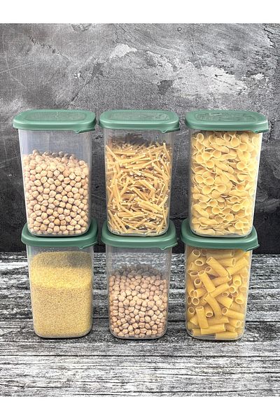 YzHome 6-Piece Plastic Vacuum Lid Storage Container Food Pulses Jar Peggy Set 1.2 Liter Square