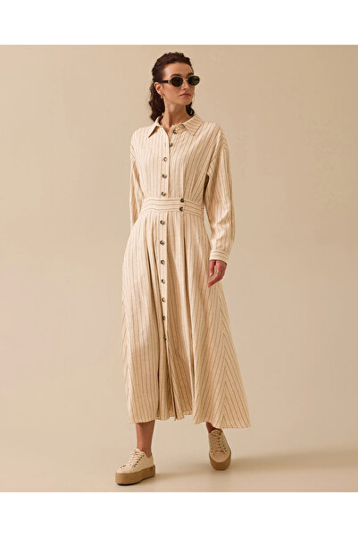 SCL Çizgili Düğme Detaylı Uzun Elbise