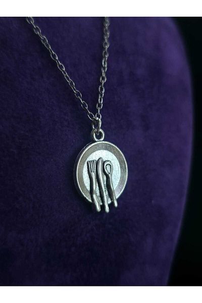 sarıyer silver Cutlery Plate Model Stylish Minimal Design Waiter Waiter Profession Style Steel Necklace