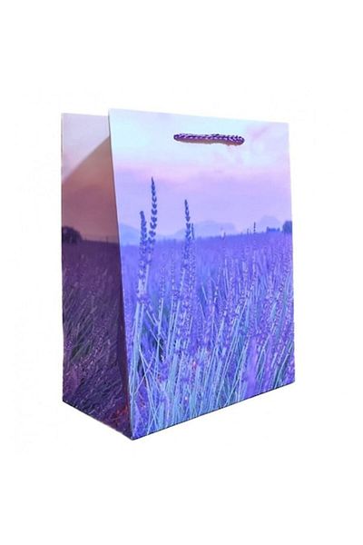 OEM Gift bag made of cardboard paper, satin cord, lavender field, 18x23x10 cm, purple