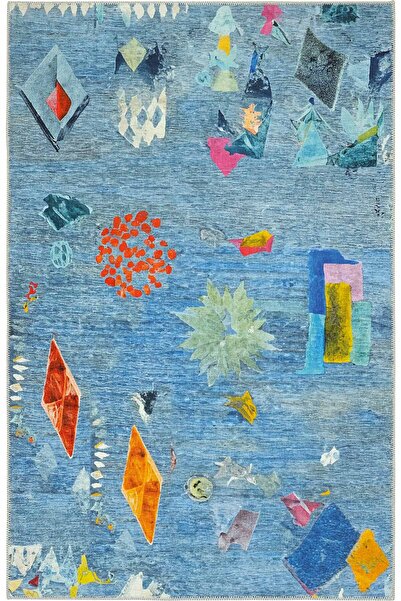 Cool Halı Lumina Mavi Soyut Desenli Sanatsal Modern Tasarım Makinede Yıkanabi...