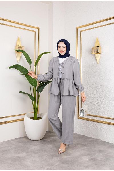 HARMAN BUTİK Women's Tie-Up Strawberry Fabric Gray Double Suit