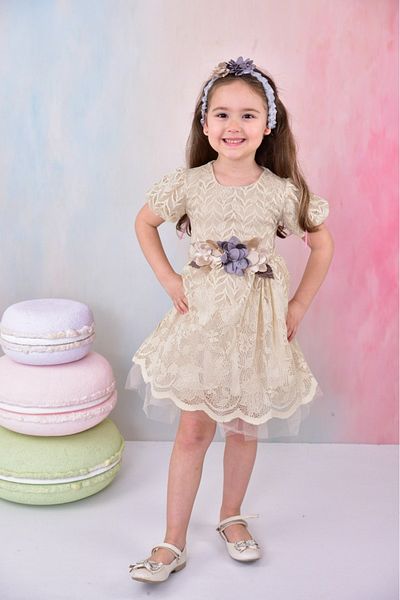 ruhaay Short Sleeve Bandage Tulle Front Flower Detail Girl's Dress