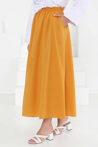 TOFİSA Linen Skirt Mustard with Pockets - 27294