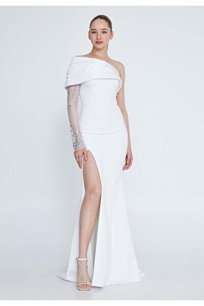 Elbisemhazır Tek Omuz Taş Detaylı Yırtmaçlı Exclusive Kadın Uzun Abiye Elbise