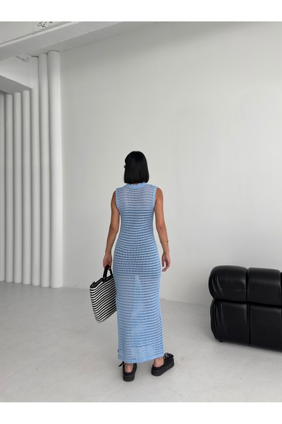 Zenea Μπλε πλεκτό φόρεμα παραλίας που ταιριάζει με διάτρητο σώμα