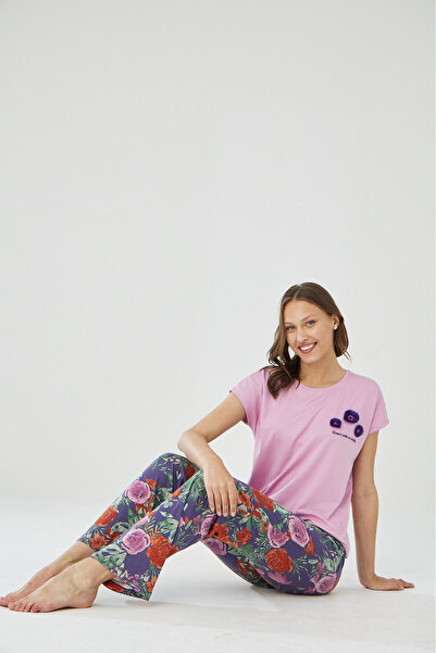 İPEKTENİM Püskül Çiçek İşlemeli Renkli Pijama Takımı