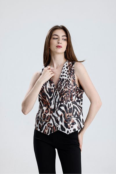 Sense Flighter Pocketed Sequence Long Evening Vest |   Ylk35892 Tiger