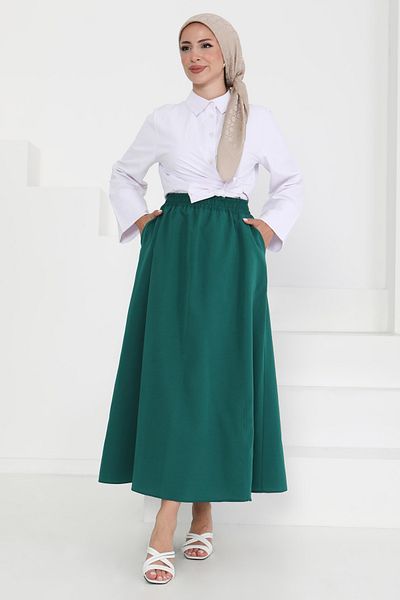 TOFİSA Linen Skirt with Pockets Emerald - 27294