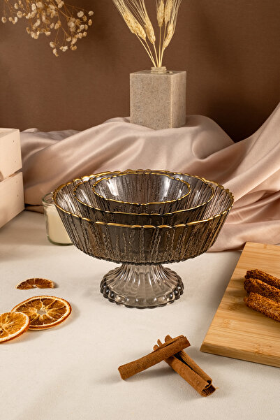 Fecra Rita 3-Piece Glass Bowl Set Anthracite Gold Mesh