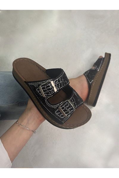 Nstil Daily Women's Slippers Double Buckle Stone Bead Detailed Soft Stitched Orthopedic Cork Sole 34155