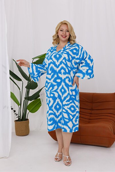 Siyezen Plus Size Flared Sleeves Cotton Dress