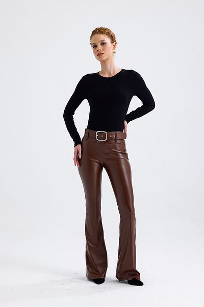Sense Belted Spanish Leg Faux Leather Trousers Pnt33313 Chocolate
