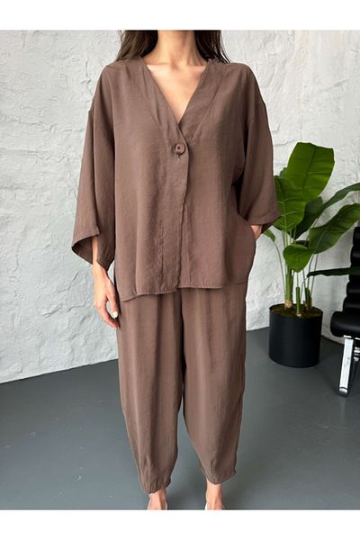 Elif Özbey Butik Brown Single Button Blouse Pants Suit