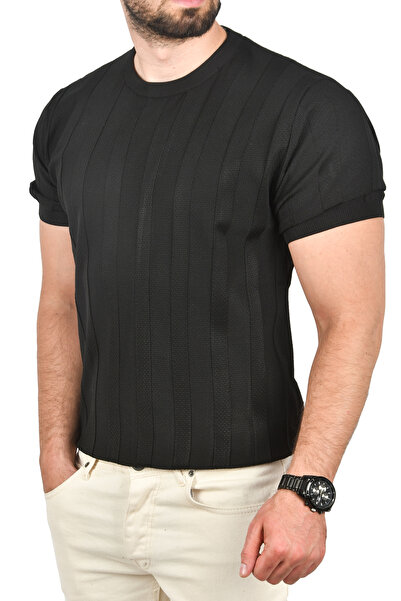 DeepSEA Ανδρικό μαύρο βαμβακερό πλεκτό μπλουζάκι Slim Fit Μπλουζάκι με λαιμόκοψη 2504348