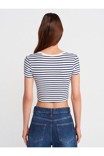 Coral Striped Crop Top Ecru - Navy Blue