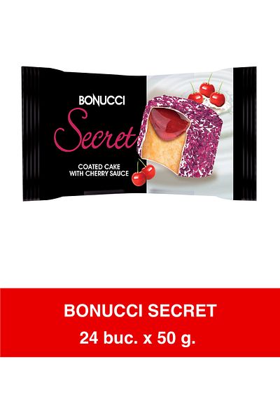Bonucci Secret – Cake with white chocolate glaze and cherry sauce 50g x 24 pieces