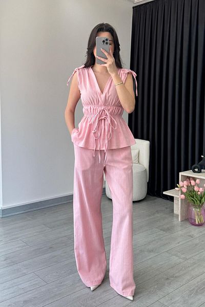 ECEMİ Elina Linen Textured Pink Blouse Trousers Set