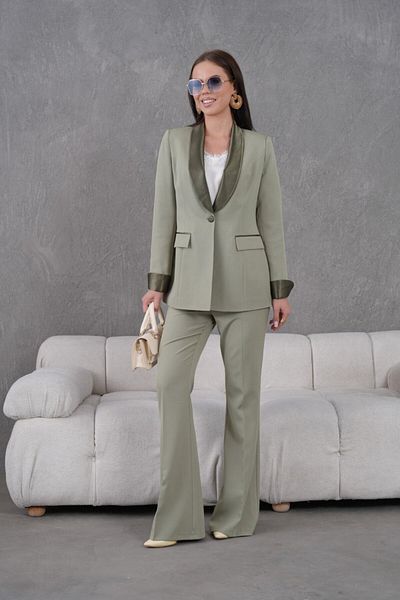 nodilife Women's Suit with Satin Collar Brooch Khaki
