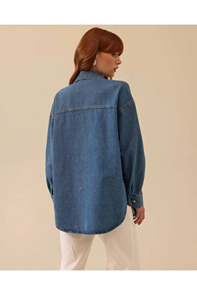 SEÇİL İnci Detaylı Oversize Jean Gömlek