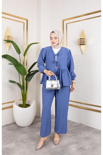 HARMAN BUTİK Women's Tie-Up Strawberry Fabric Blue Double Suit