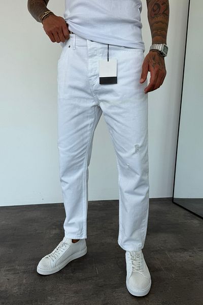 MADZEYMODA Λευκό τζιν ύφασμα με σχισμένη λεπτομέρεια Boyfriend Fit Ανδρικό τζιν παντελόνι KE-394
