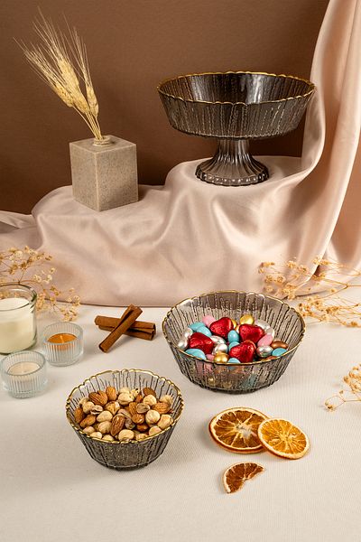 Fecra Rita 3-Piece Glass Bowl Set Anthracite Gold Mesh