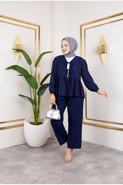HARMAN BUTİK Women's Tie-Up Strawberry Fabric Navy Blue Double Suit