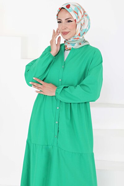 TOFİSA Büzgülü Pat Detaylı Elbise Yesil - 27293