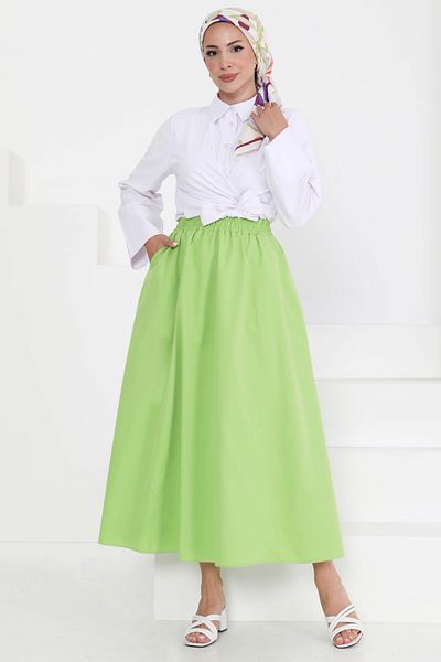 TOFİSA Linen Skirt with Pockets Pistachio Green - 27294