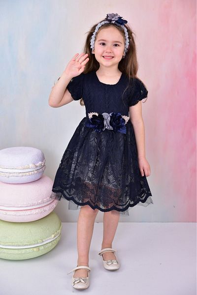 ruhaay Short Sleeve Bandage Tulle Front Flower Detail Girl's Dress
