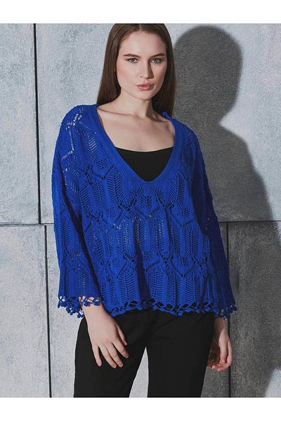 Coral V Neck Lace Knitwear Blouse Sax Blue