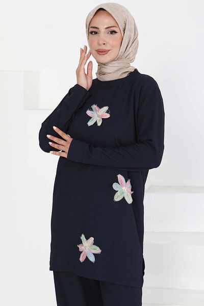 TOFİSA Flower Detailed Double Suit Navy Blue - 27371