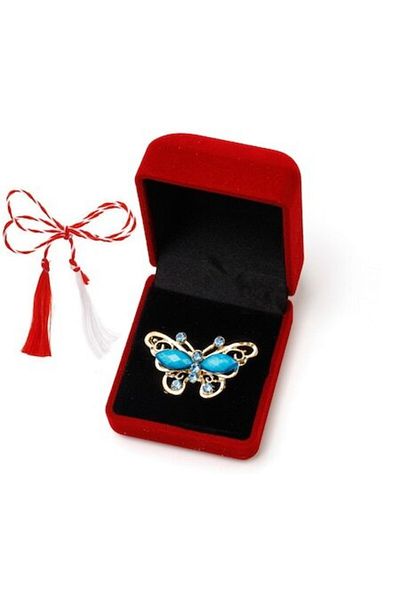 OEM Martisor brosa cu pietre fatetate si strasuri in cutie de catifea, fluture albastru