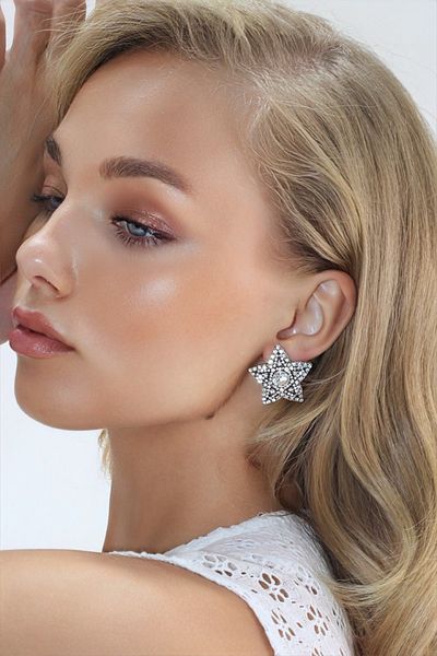 VAGGON Women's Silver Zircon Stone Moon Star Design Earrings Prmx14047