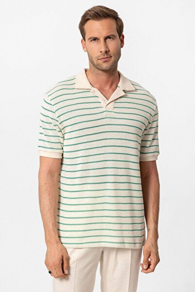 Antioch Green Leopard Collar Striped Knitted Men's T-Shirt