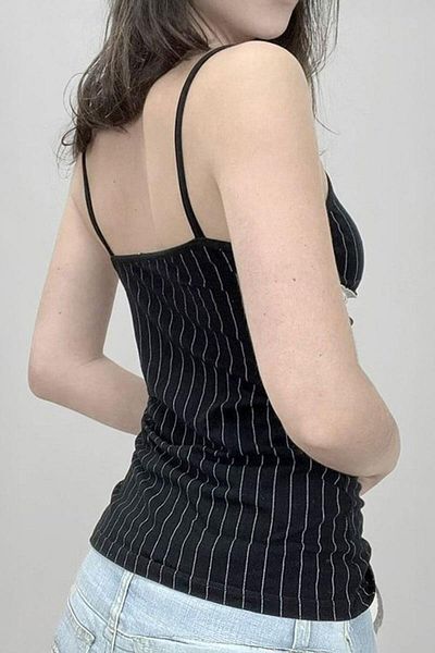 Köstebek Black Lace Detailed White Stripe Y2K Strap Crop