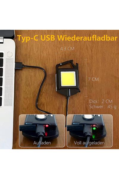 OEM Acdolf COB keychain flashlight, 7 x 4.3 cm, 4 modes, USB, 500 lm, plastic, metal, black