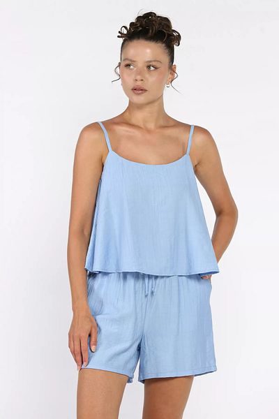 GÜLSELİ Blue Women's Adjustable Strap Blouse Waist Elastic Shorts Double Set