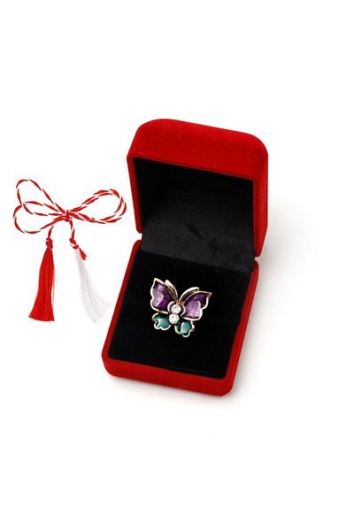 OEM Martisor brooch with rhinestones in velvet box, purple butterfly